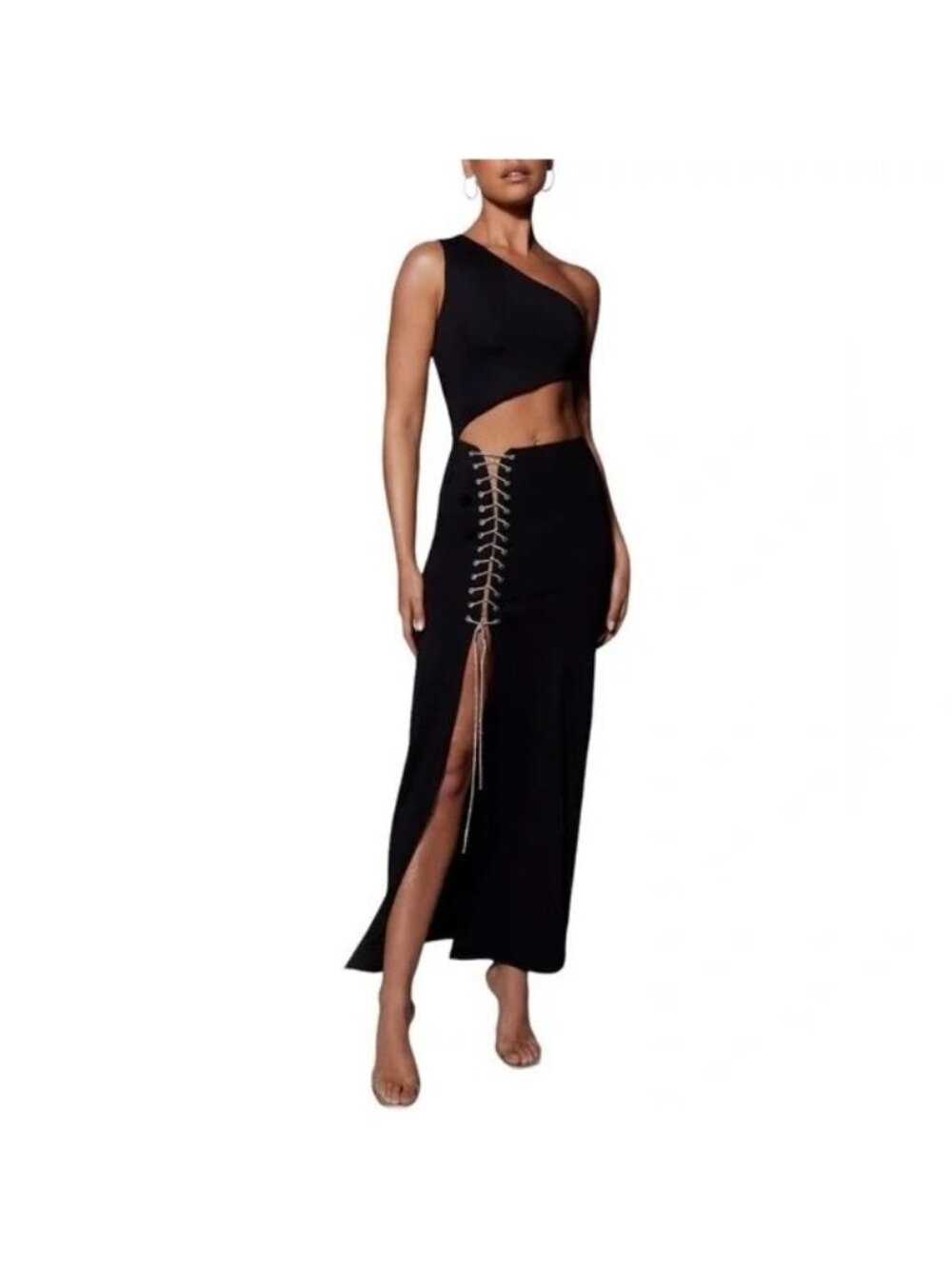 Meshki Black Margot One Shoulder Diamante Rope Bodycon Midi Dress Size M NEW